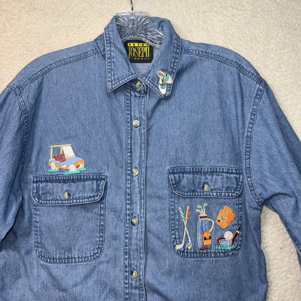 Vintage 90's Women's Denim Button Down Shirt Golf Appliques Size Small Cotton